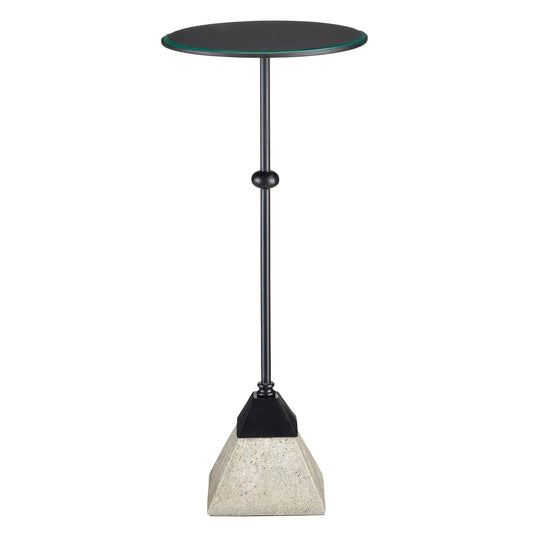 Parna Accent Table by Currey and Company in satin black, polished concrete, clear. Made from wrought iron, concrete, glass in a modern style.