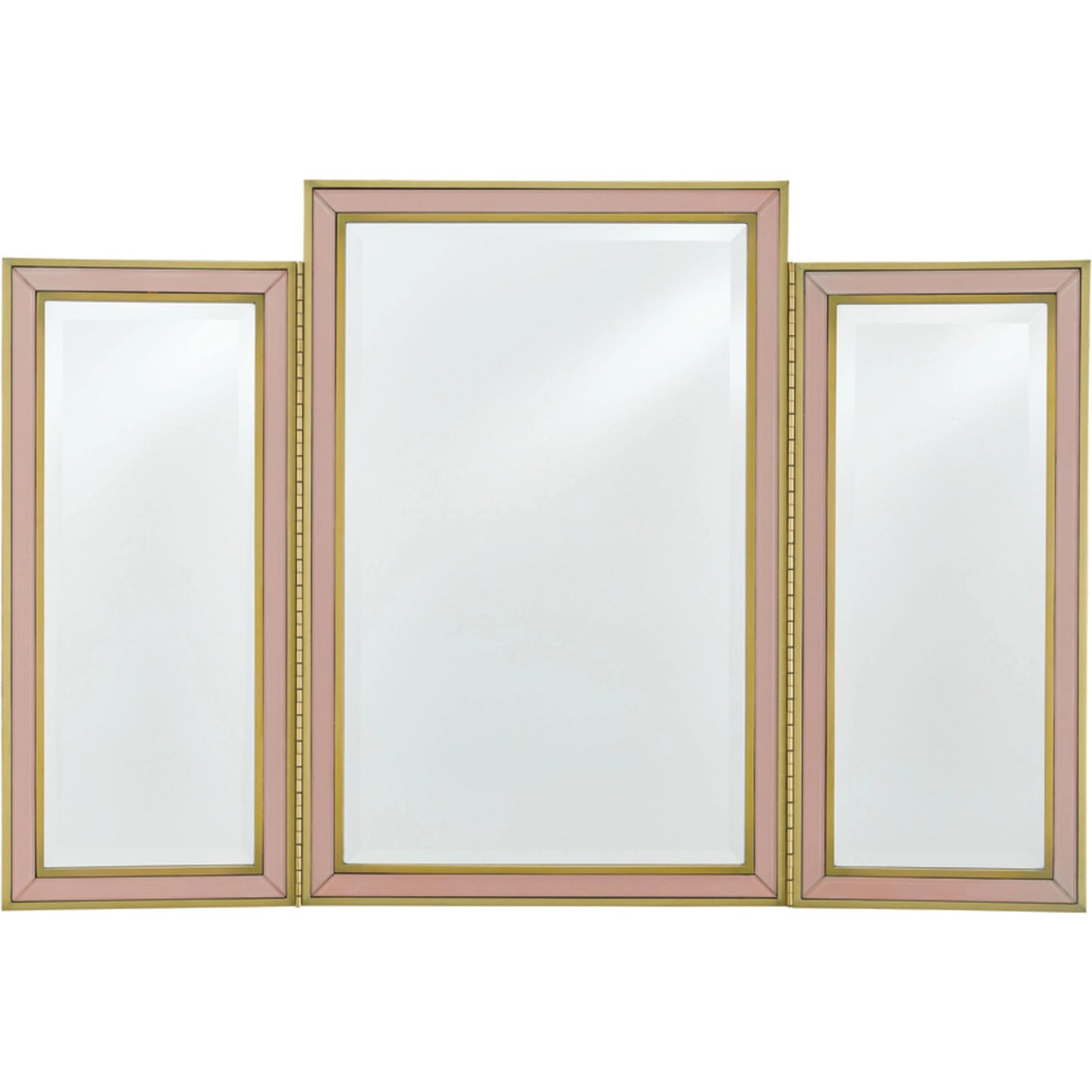 004 S-222685 | Primary Silo | Arden Vanity Mirror by Currey and Company in peony, stain brass. Made from reverse painted glass, wood, beveled mirror glass in a traditional style.