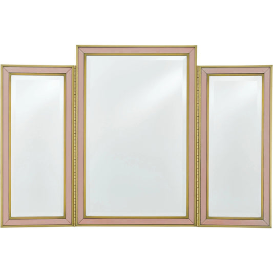 Arden Vanity Mirror by Currey and Company in peony, stain brass. Made from reverse painted glass, wood, beveled mirror glass in a traditional style.