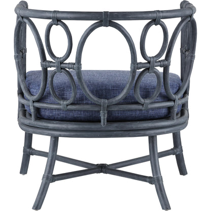 Tegal Chair by Currey and Company in vintage navy, indigo. Made from rattan, plywood, fabric, foam in a coastal style.