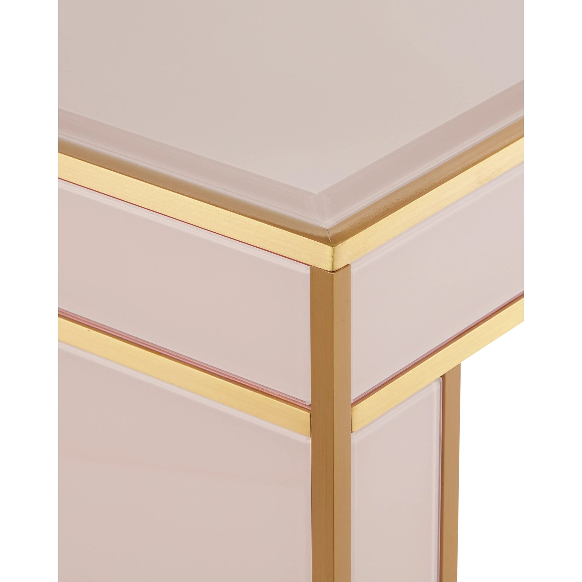 Arden Console Table by Currey and Company in ivory, satin brass. Made from reverse painted glass, brass, solid hardwood in a modern style.
