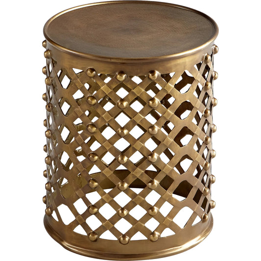 Alden Side Table by Cyan Design in brushed brass. Made from aluminum in a modern style.