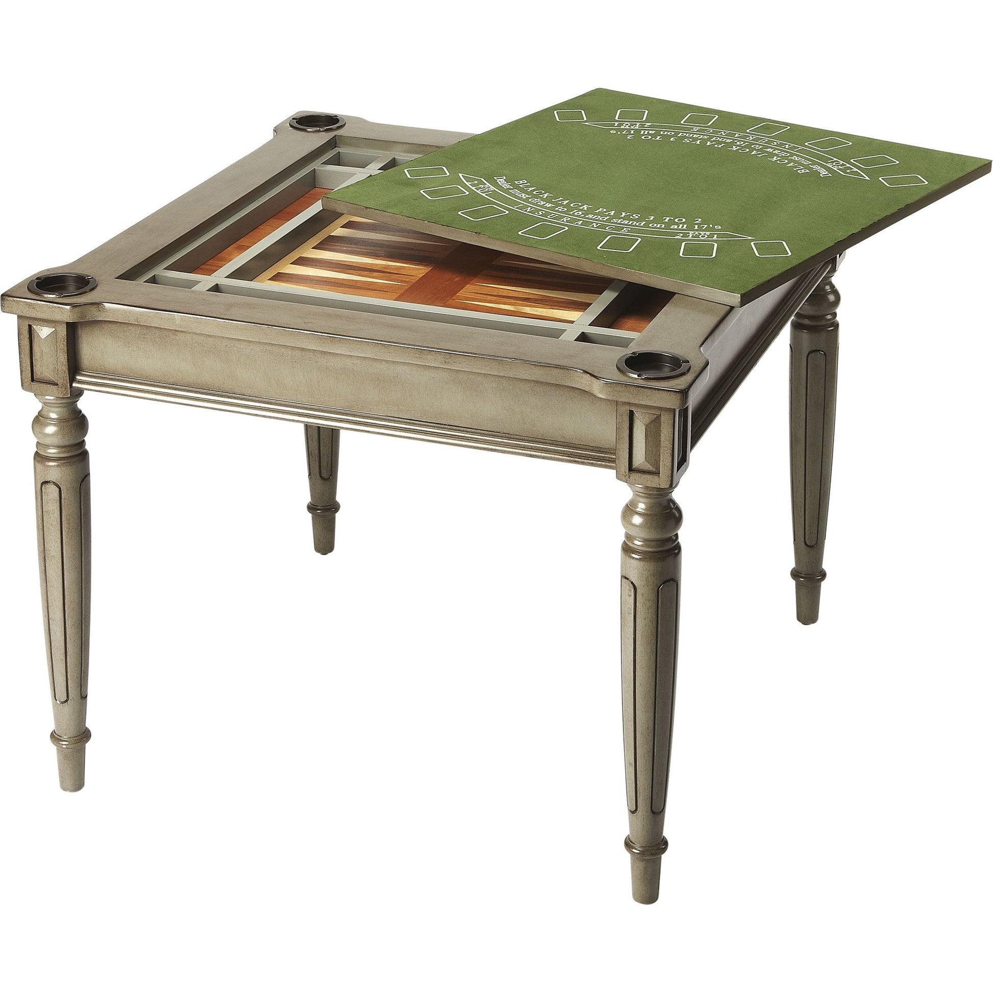 Vincent Multi Game Table by Butler Specialty Company in gray and silver satin. Made from rubberwood, poplar hardwood solids, mdf, cherry, maple, walnut veneers in a traditional style.