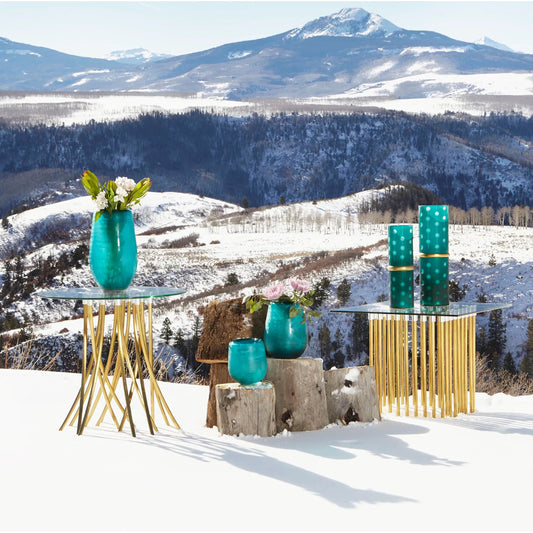 Tuffoli Table by Cyan Design in satin brass. Made from stainless steel, clear glass in a modern style.