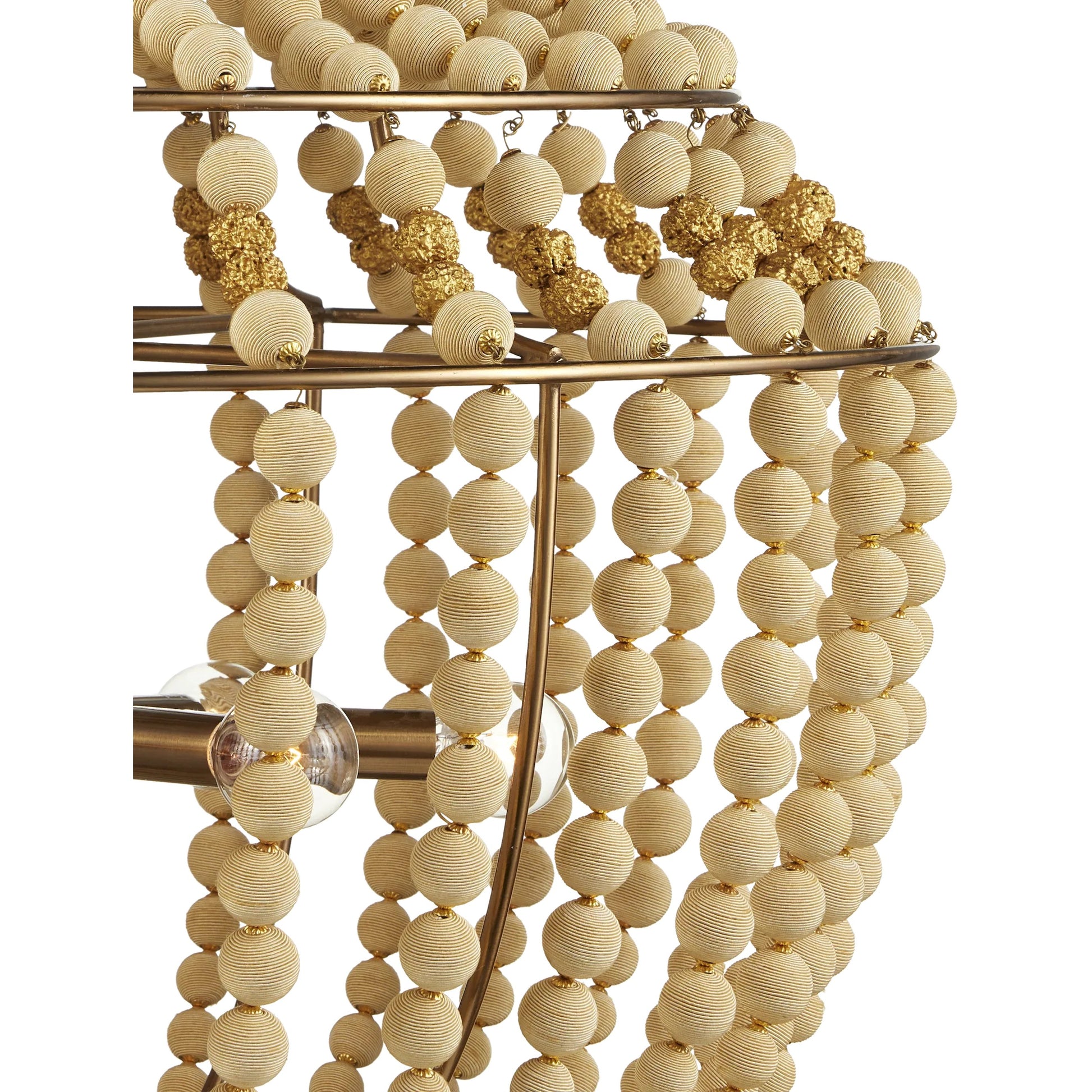 Penelope Chandelier by Currey and Company in beige, antique brass. Made from iron, fabric, brass in a coastal style.
