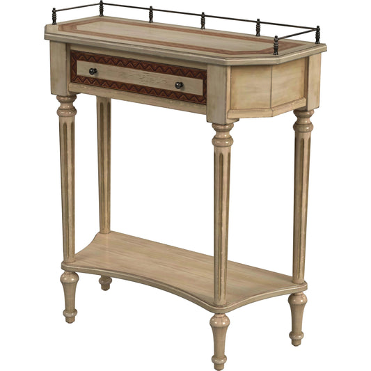 Charleston One Drawer Console Table by Butler Specialty Company in beige and antique beige. Made from oak veneer, fiberboard, poplar solids, resin in a modern style.