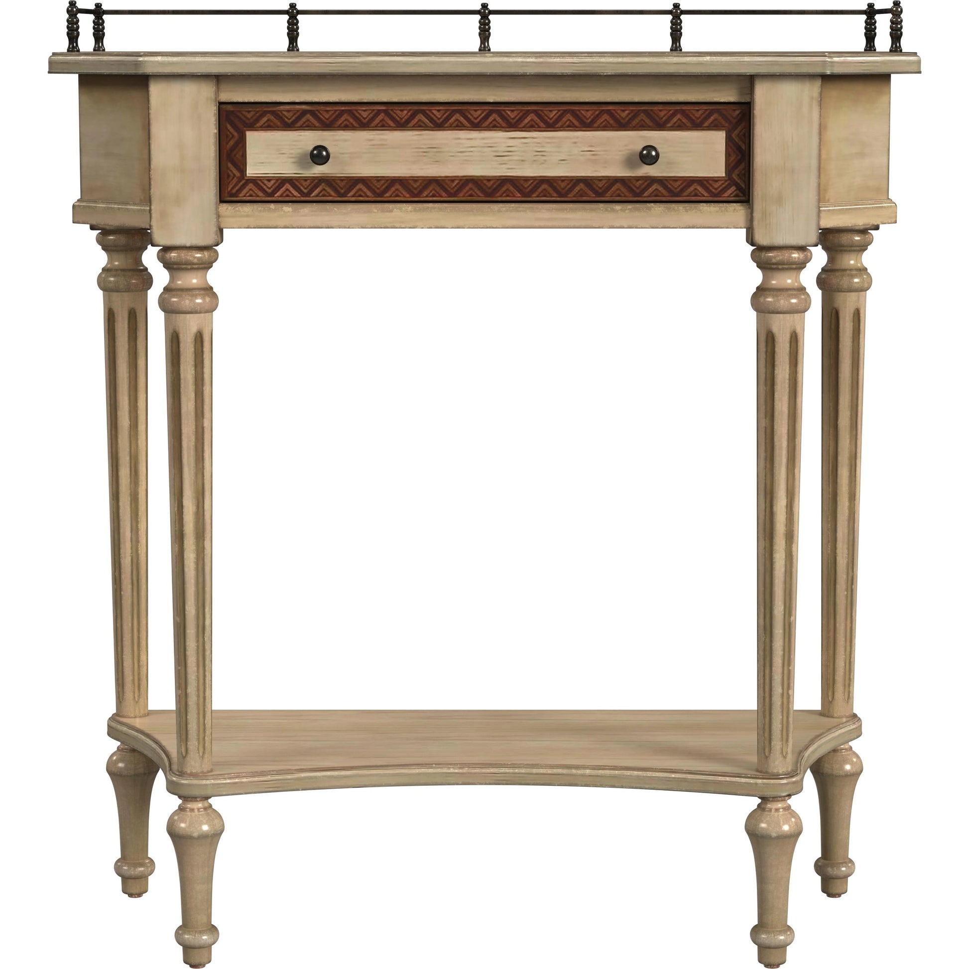 Charleston One Drawer Console Table by Butler Specialty Company in beige and antique beige. Made from oak veneer, fiberboard, poplar solids, resin in a modern style.