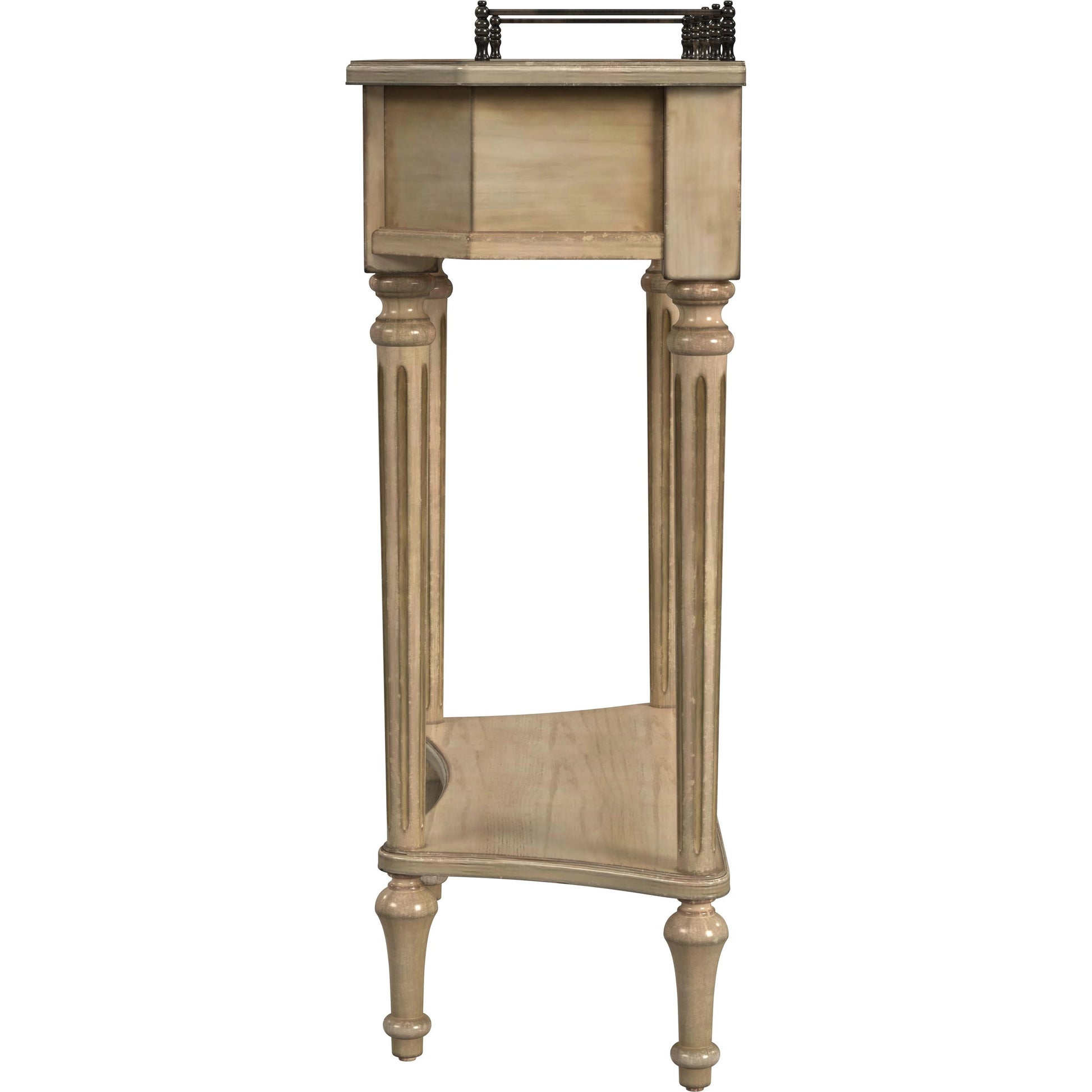 Charleston One Drawer Console Table by Butler Specialty Company in beige and antique beige. Made from oak veneer, fiberboard, poplar solids, resin in a modern style.