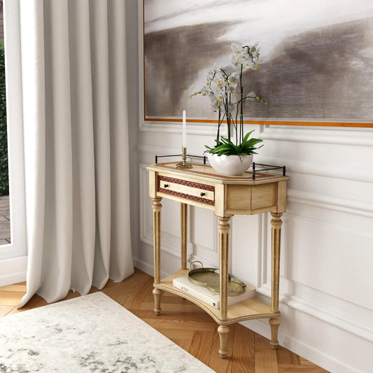 Charleston One Drawer Console Table by Butler Specialty Company in beige and antique beige. Made from oak veneer, fiberboard, poplar solids, resin in a modern style.