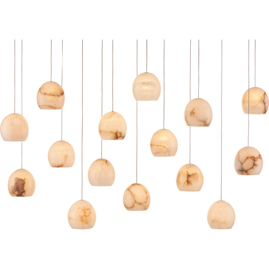 Lazio Rectangular 15-LIGHT Multi-Drop Pendant by Currey and Company in natural, painted silver. Made from alabaster, metal in a transitional style.