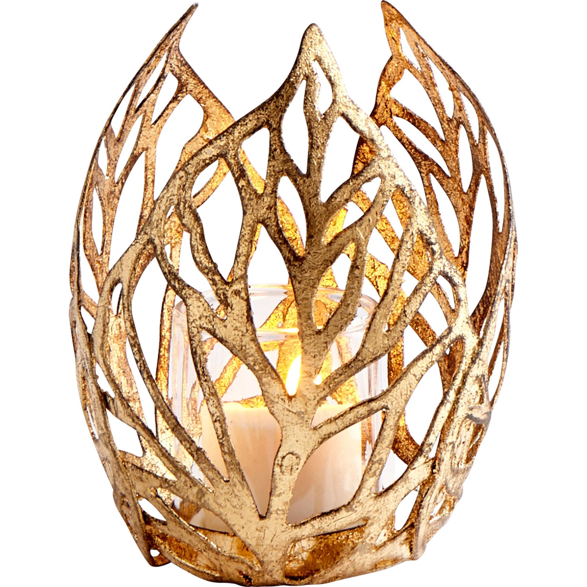 Sunrise Flame Candleholder by Cyan Design in antique gold. Made from iron, glass in a modern style.