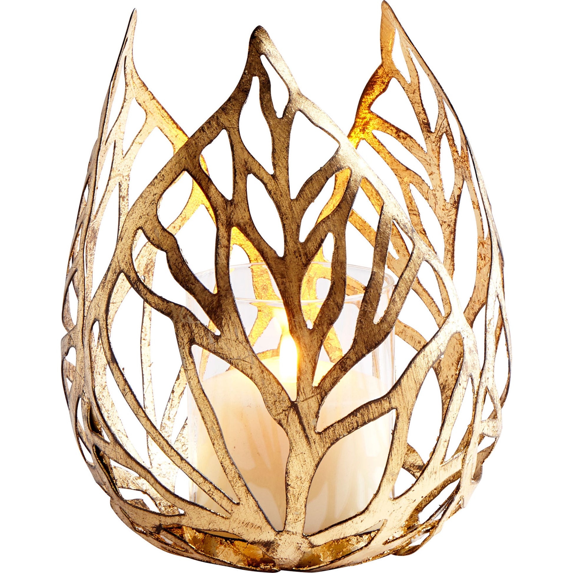 Sunrise Flame Candleholder by Cyan Design in antique gold. Made from iron, glass in a modern style.