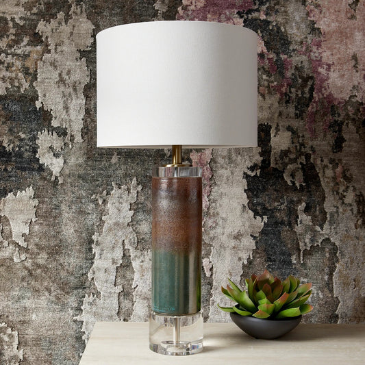 Stardust Table Lamp by Cyan Design in lunar brown. Made from glass with off white linen shade in a modern style.