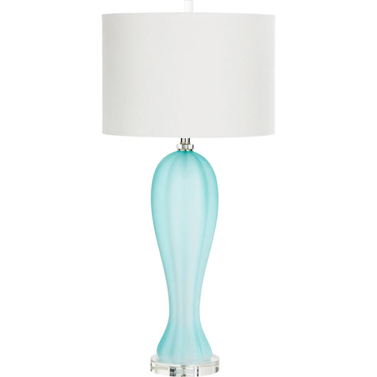 Aubrey Table Lamp by Cyan Design in green. Made from glass with cream linen shade, patterned liner in a modern style.