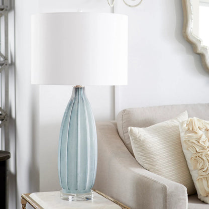 Blakemore Table Lamp by Cyan Design in gray. Made from glass with off white cotton shade in a modern style.