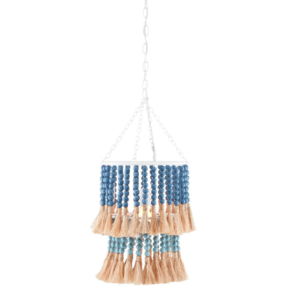 St. Barts Pendant by Currey and Company in mist blue, demin blue. Made from wrought iron, wood beads, abaca rope in a coastal style.