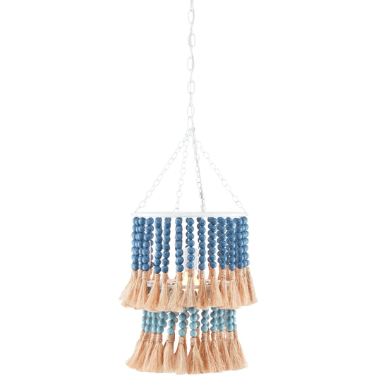 St. Barts Pendant by Currey and Company in mist blue, demin blue. Made from wrought iron, wood beads, abaca rope in a coastal style.