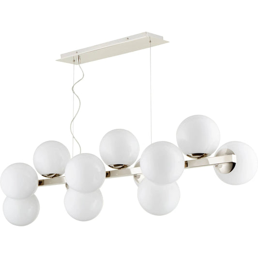 Atom Linear Pendant by Cyan Design in polished nickel. Made from iron, white opal glass in a modern style.