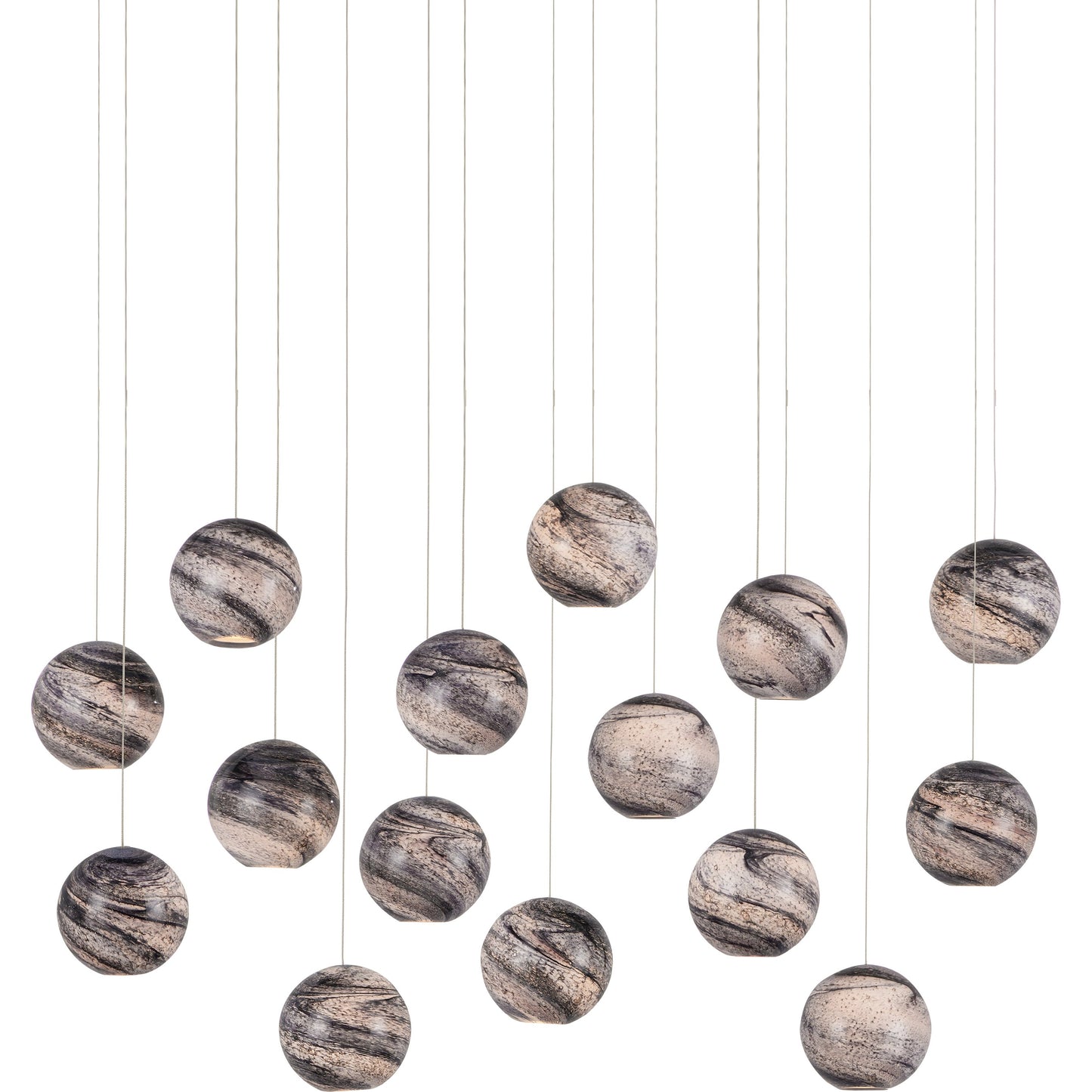 003 SI-1924084 | Primary Silo | Palatino Rectangular 15-LIGHT Multi-Drop Pendant by Currey and Company in blue marbeled, silver. Made from earth with speckles, glass in a modern style.