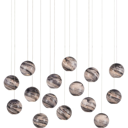 Palatino Rectangular 15-LIGHT Multi-Drop Pendant by Currey and Company in blue marbeled, silver. Made from earth with speckles, glass in a modern style.