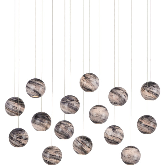 Palatino Rectangular 15-LIGHT Multi-Drop Pendant by Currey and Company in blue marbeled, silver. Made from earth with speckles, glass in a modern style.
