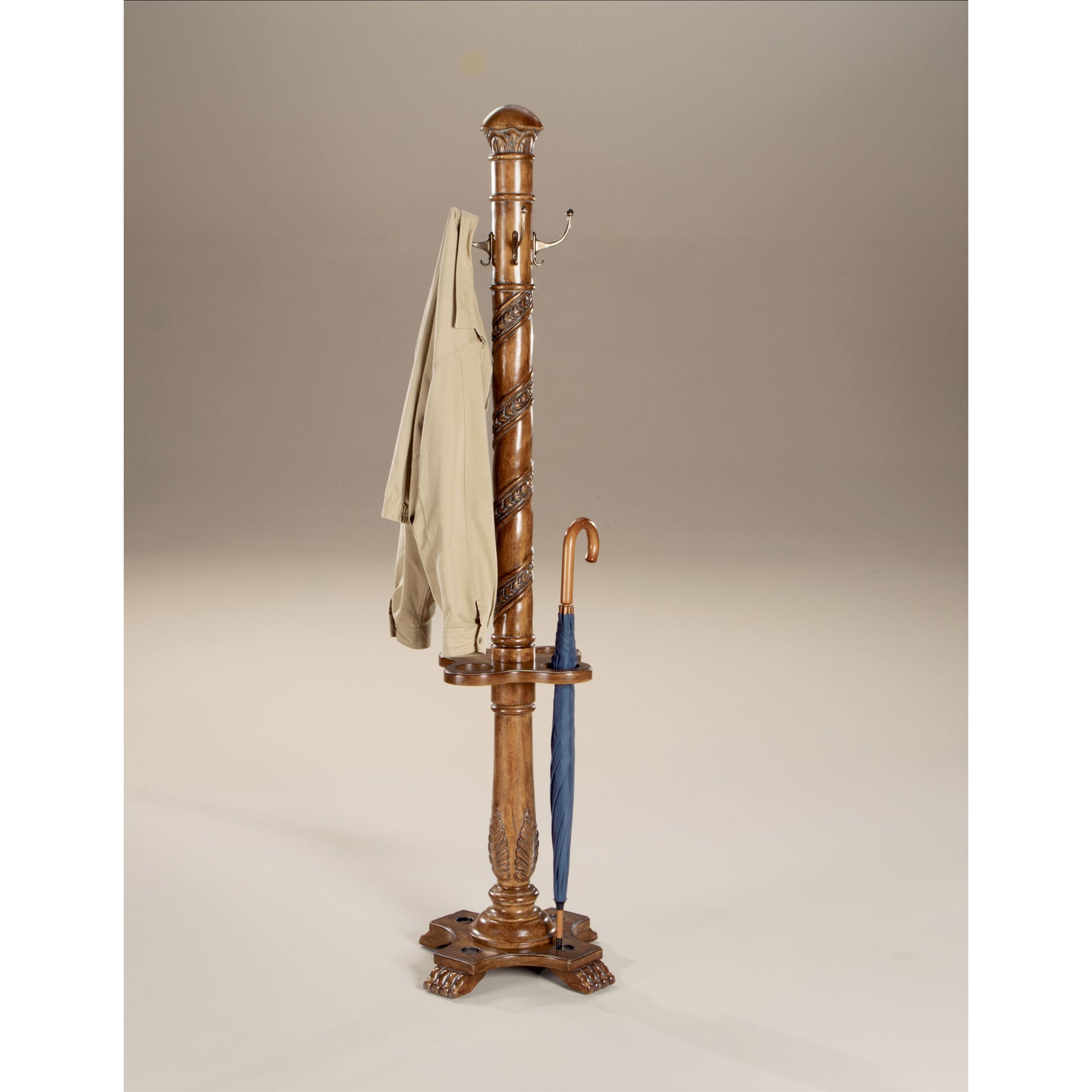 Laird Costumer by Butler Specialty Company. Made from rubberwood solids, antique brass plated hooks in a traditional style.