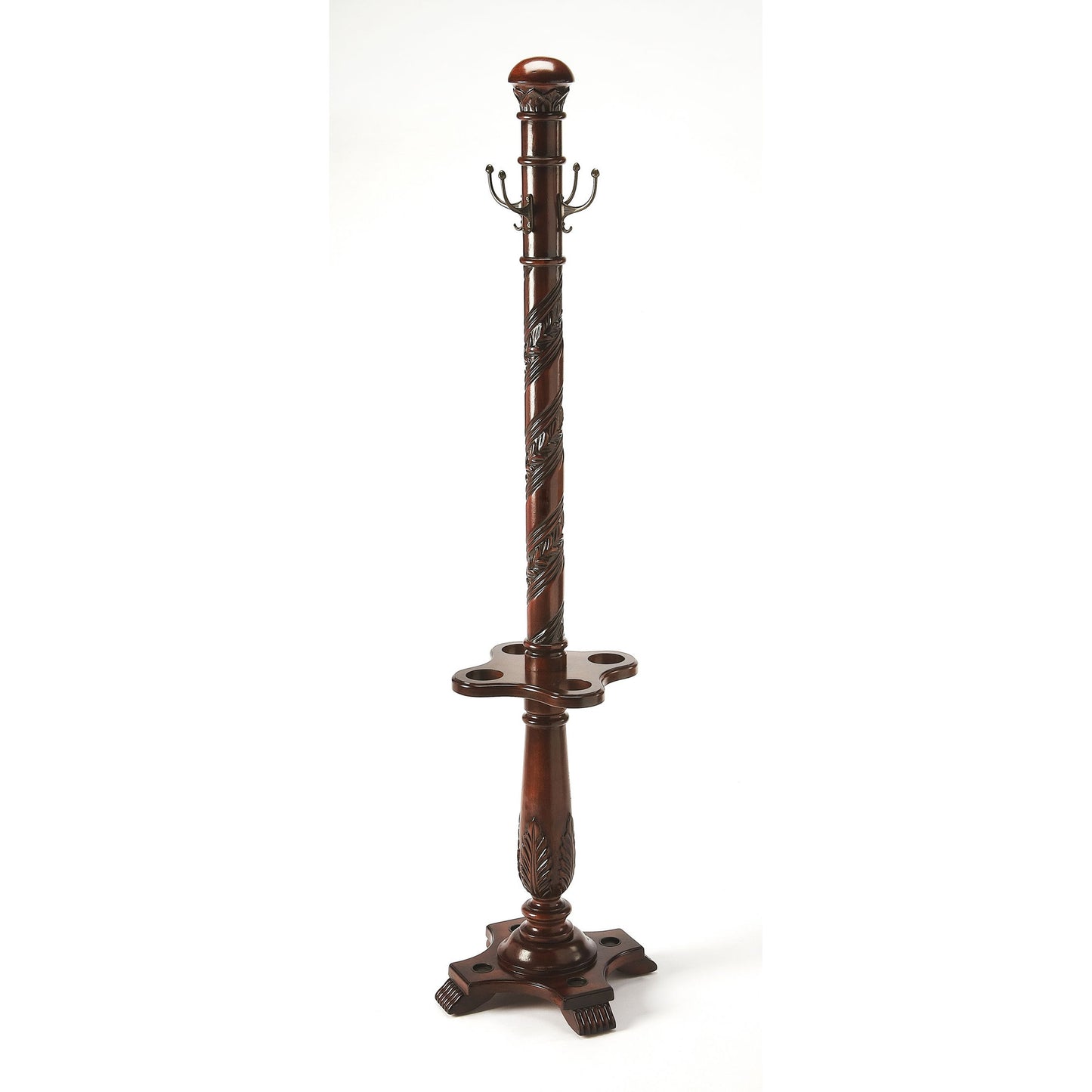 006 O-BUTLER-971024 | Primary Silo | Laird Costumer by Butler Specialty Company in dark brown and plantation cherry. Made from rubberwood solids, antique brass plated hooks in a traditional style.