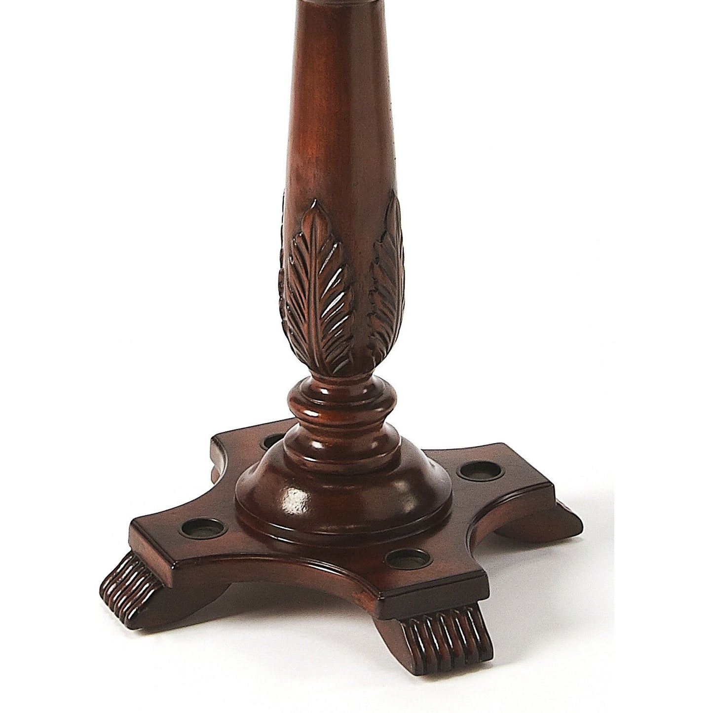 008 O-BUTLER-971024 | Closeup | Laird Costumer by Butler Specialty Company in dark brown and plantation cherry. Made from rubberwood solids, antique brass plated hooks in a traditional style.
