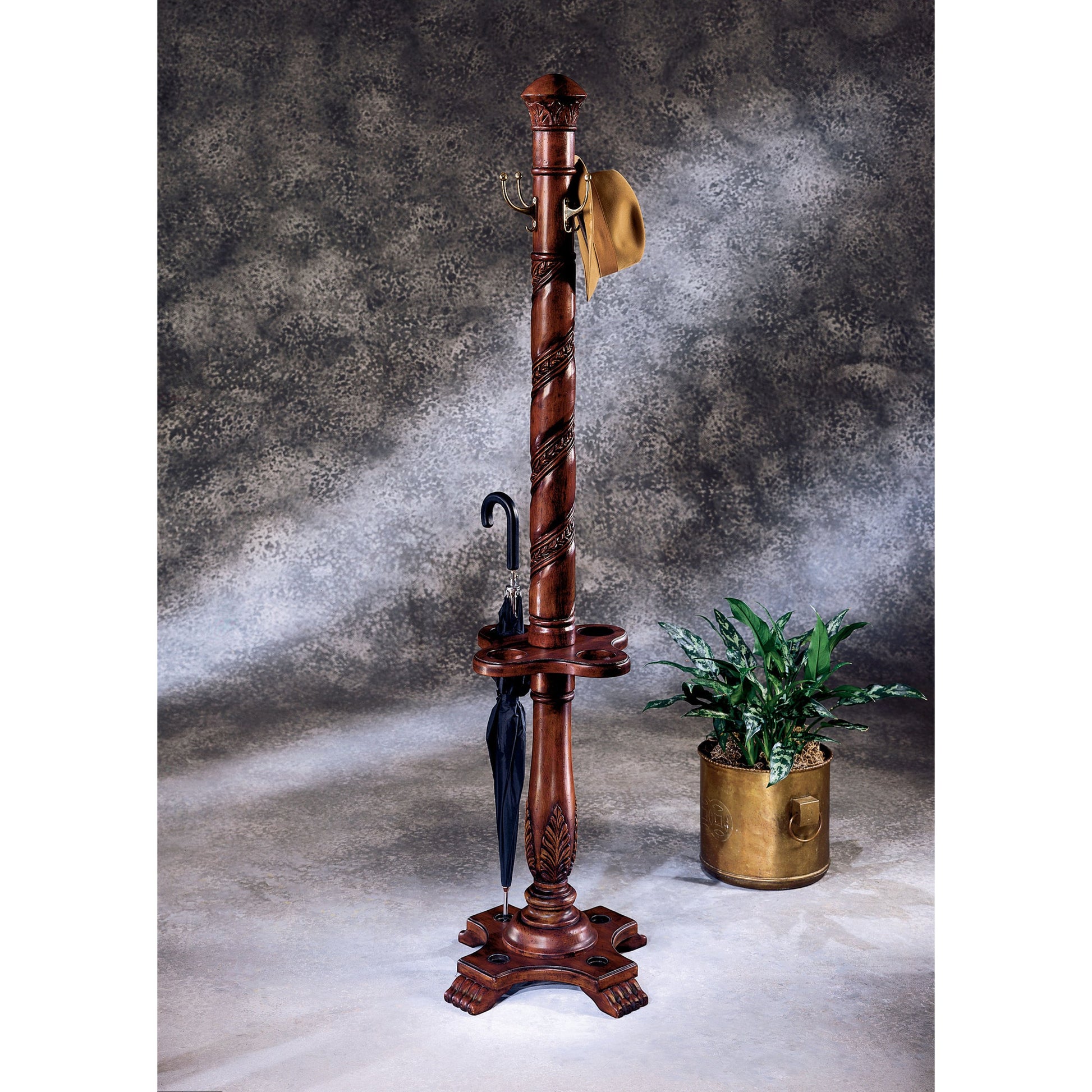 Laird Costumer by Butler Specialty Company. Made from rubberwood solids, antique brass plated hooks in a traditional style.
