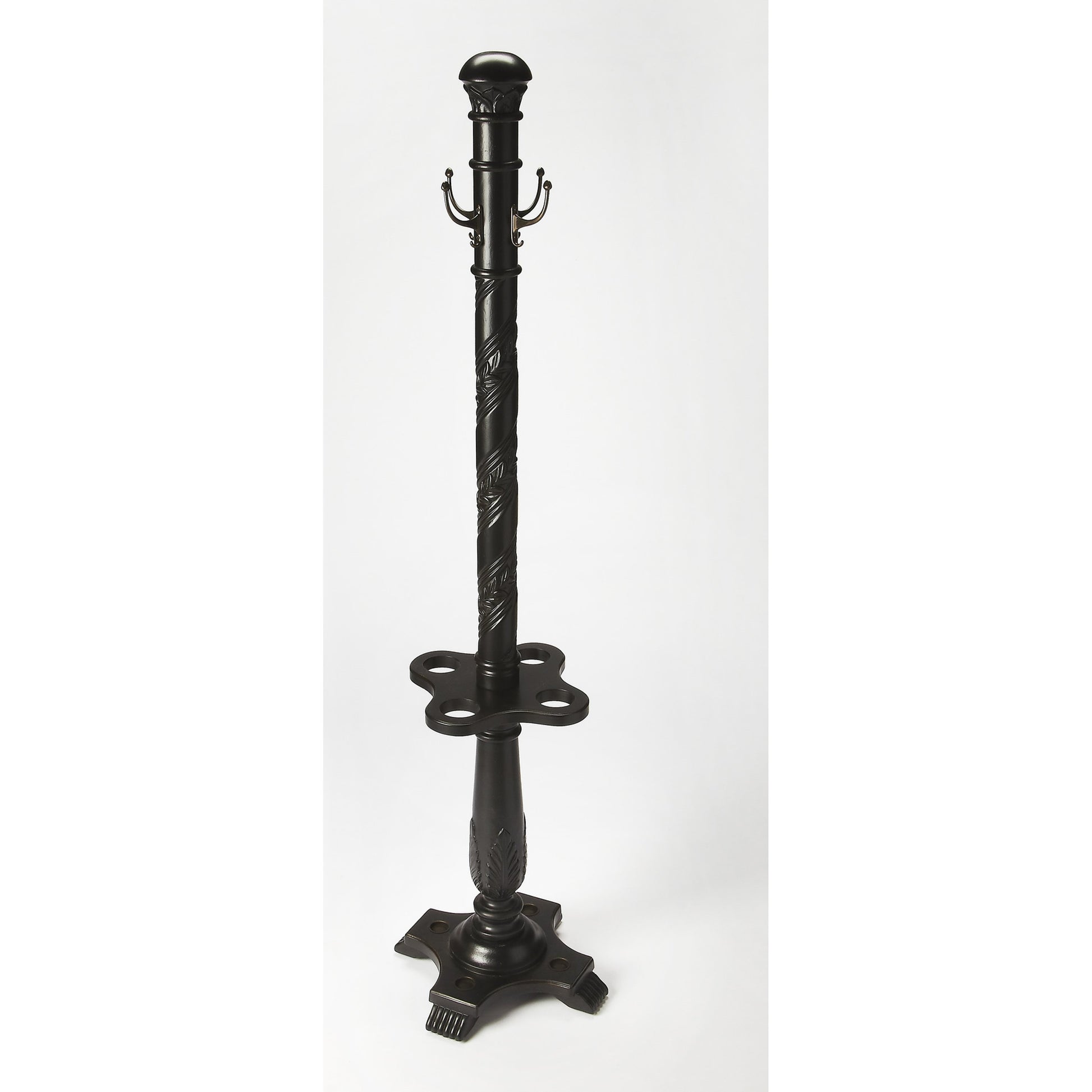 Laird Costumer by Butler Specialty Company. Made from rubberwood solids, antique brass plated hooks in a traditional style.