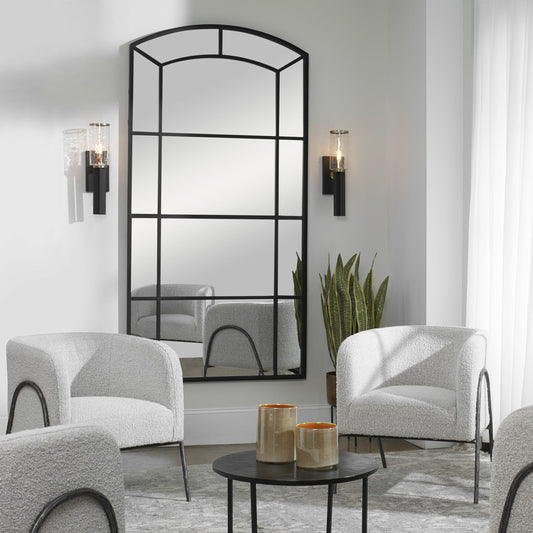 Camber Arch Mirror by Uttermost in satin black. Made from iron, glass, mdf in a traditional style.