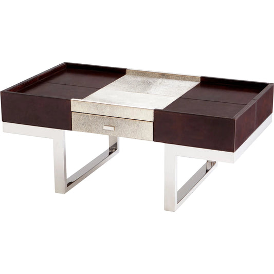 Curtis Coffee Table by Cyan Design in stainless steel, brown. Made from wood, leather, iron in a modern style.