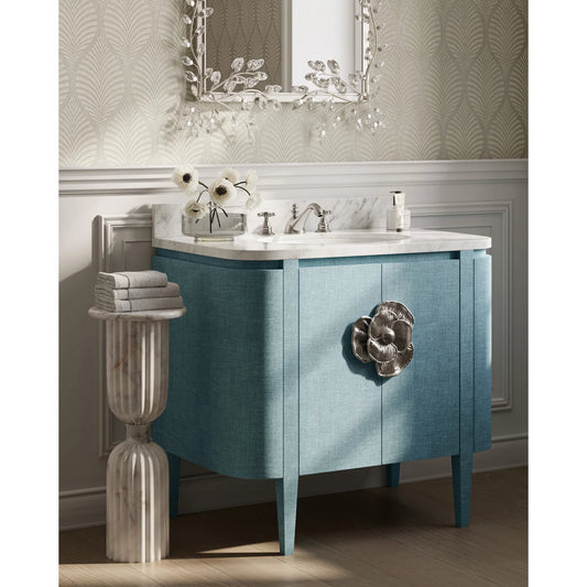 Passementerie Marble Drinks Table by Currey and Company in natural white. Made from banswara marble in a unique style.