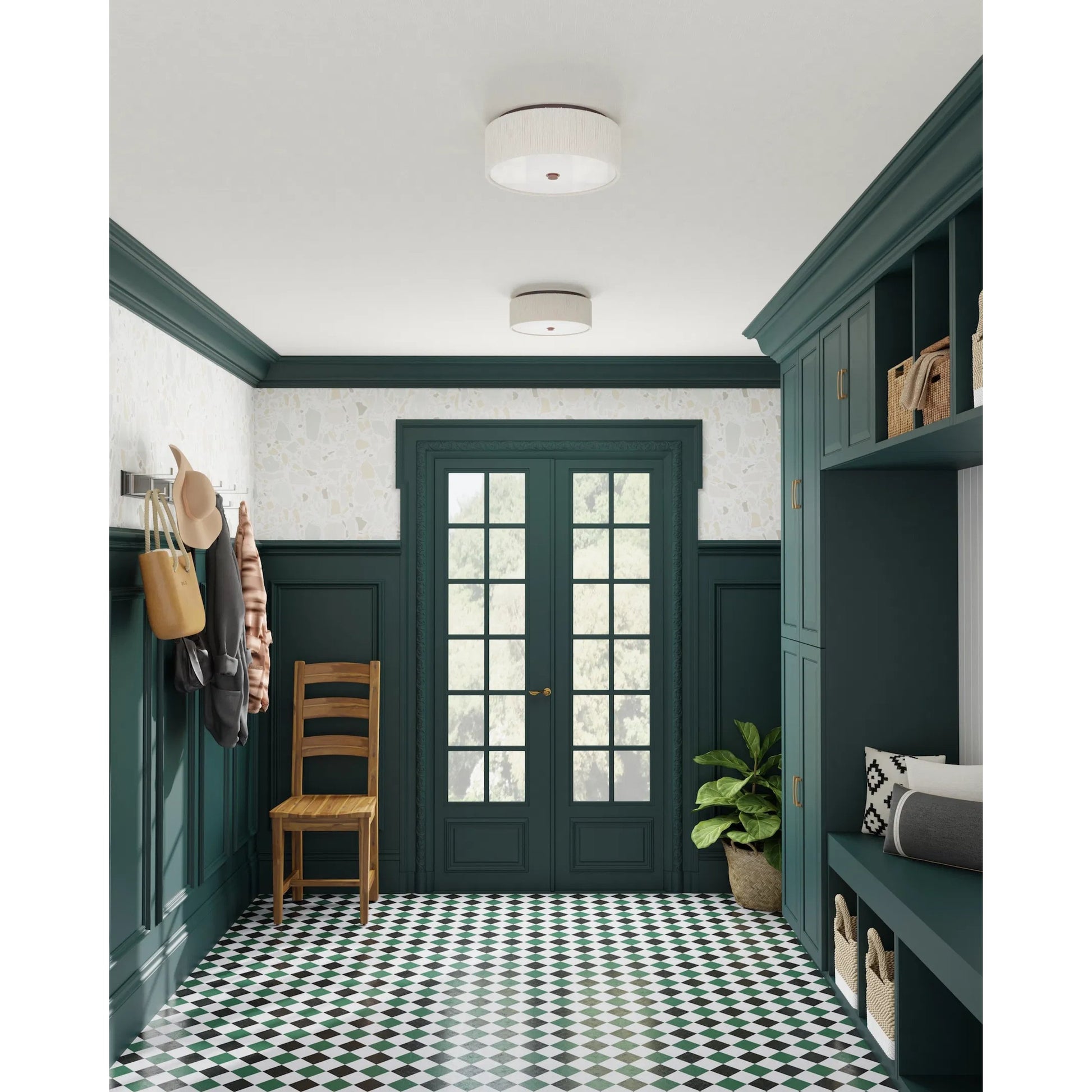 Tyrone Flush Mount by Currey and Company in natural, black. Made from wrought iron, paper twine, acrylic in a modern style.