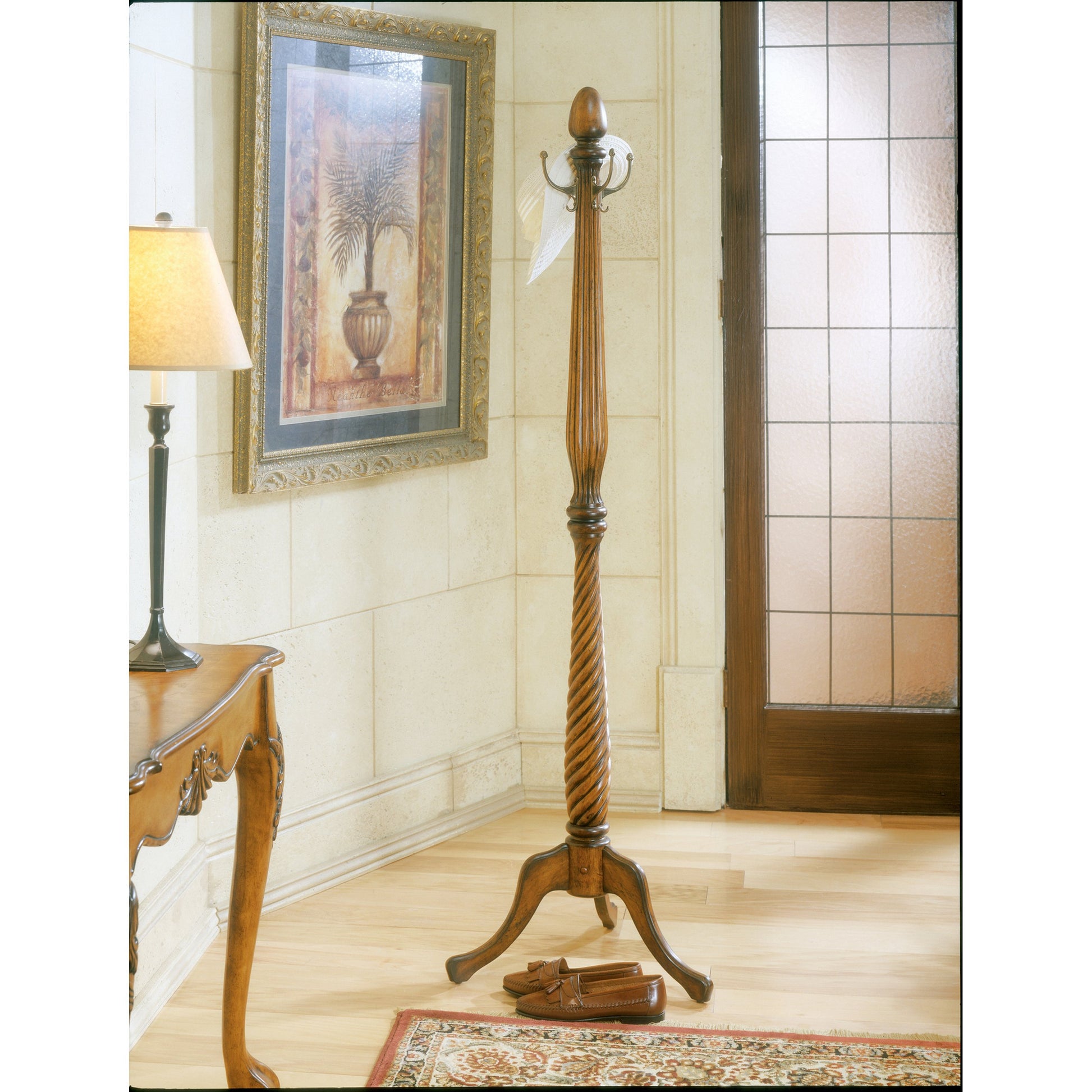 Chambers Costumer by Butler Specialty Company in dark brown and plantation cherry. Made from rubberwood solids, antique brass plated hooks in a traditional style.