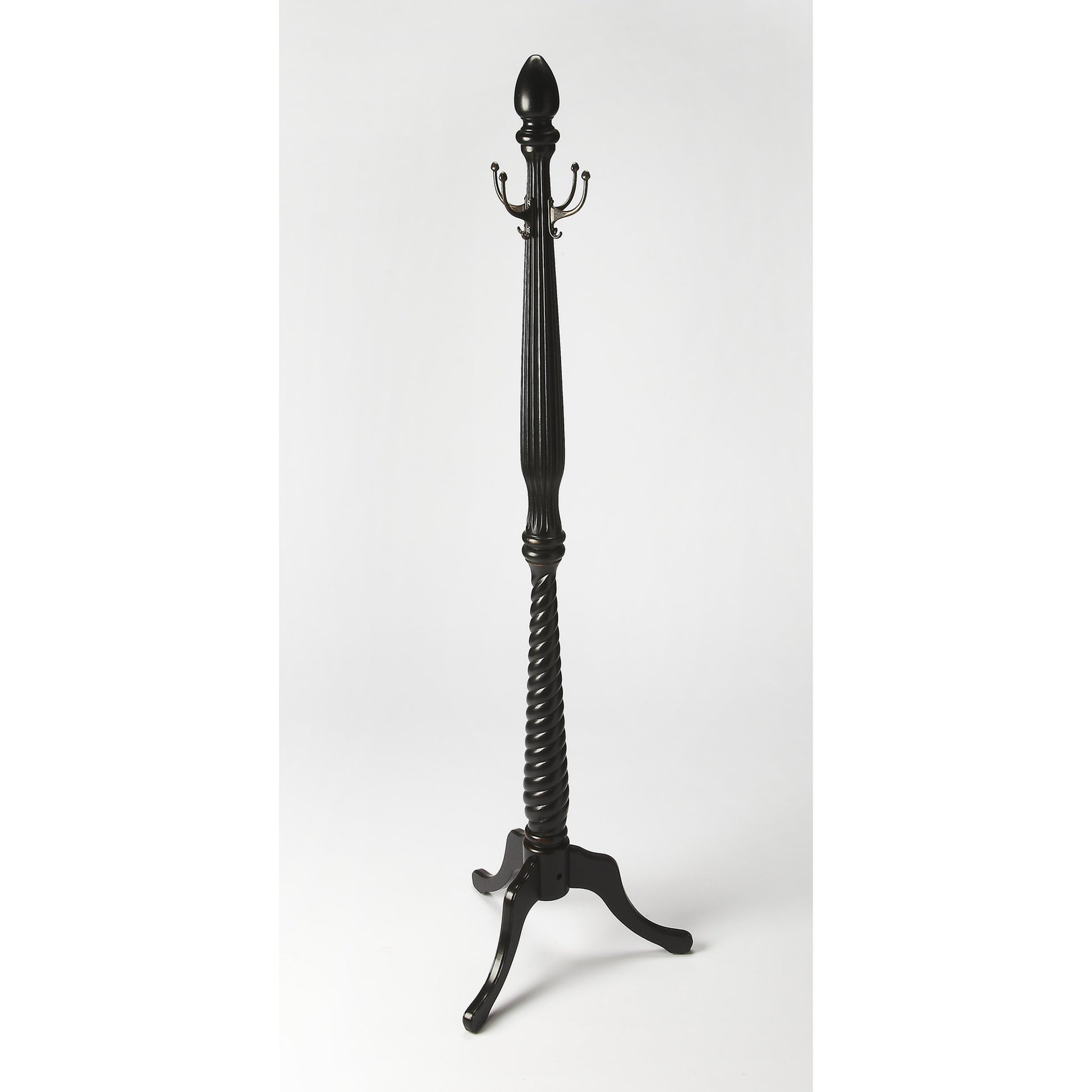 Chambers Costumer by Butler Specialty Company in dark brown and plantation cherry. Made from rubberwood solids, antique brass plated hooks in a traditional style.