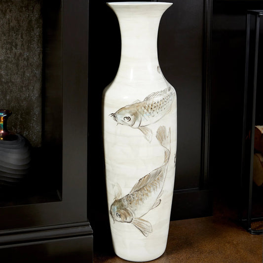 Playing Koi Vase by Cyan Design in tan, ivory. Made from ceramic in a coastal style.