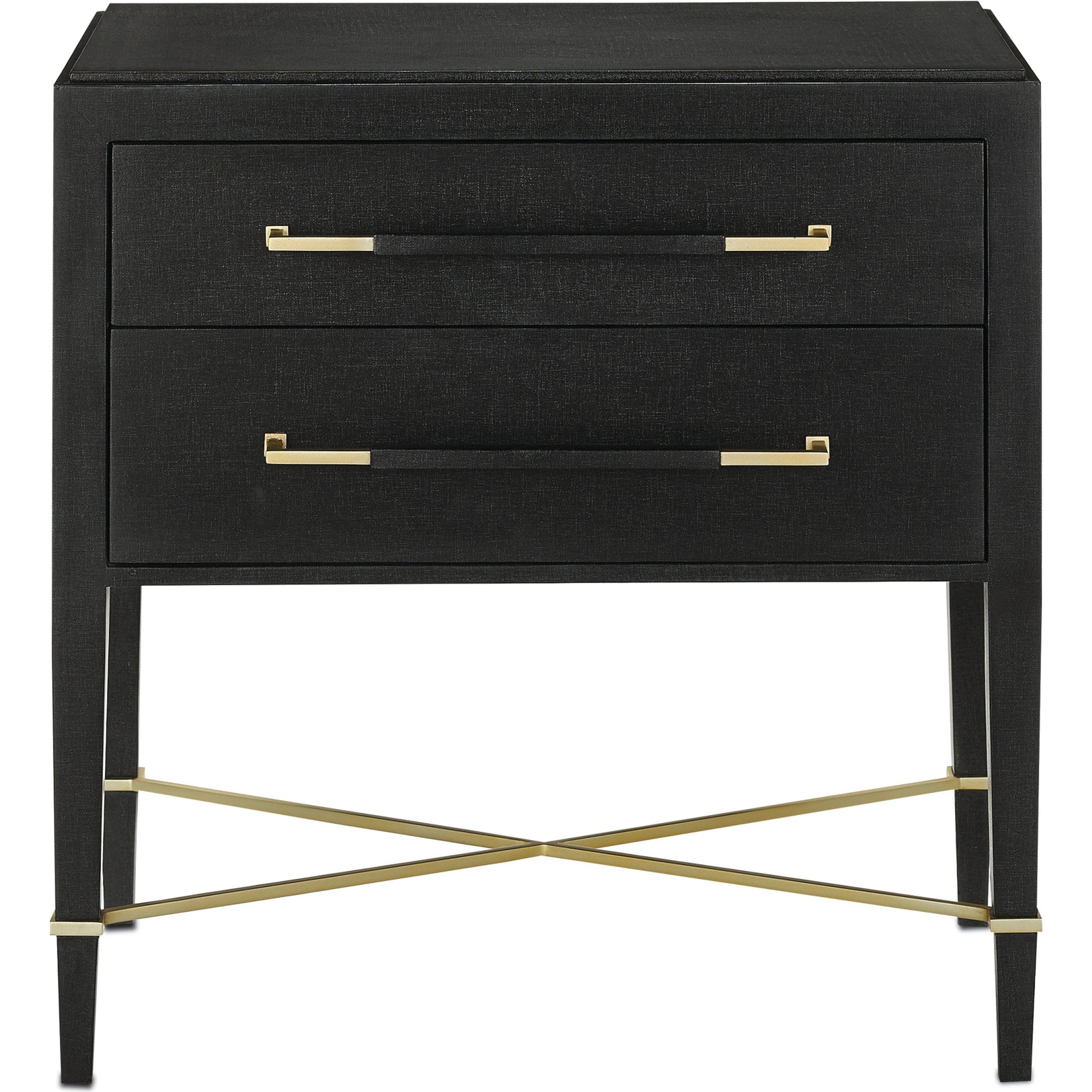 Verona Nightstand by Currey and Company in black lacquered linen, champagne stretchers, linen wrapped cha. Made from solid wood, engineered hardwood in a traditional style.