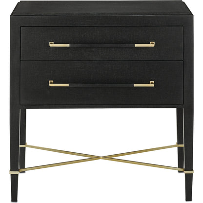 Verona Nightstand by Currey and Company in black lacquered linen, champagne stretchers, linen wrapped cha. Made from solid wood, engineered hardwood in a traditional style.