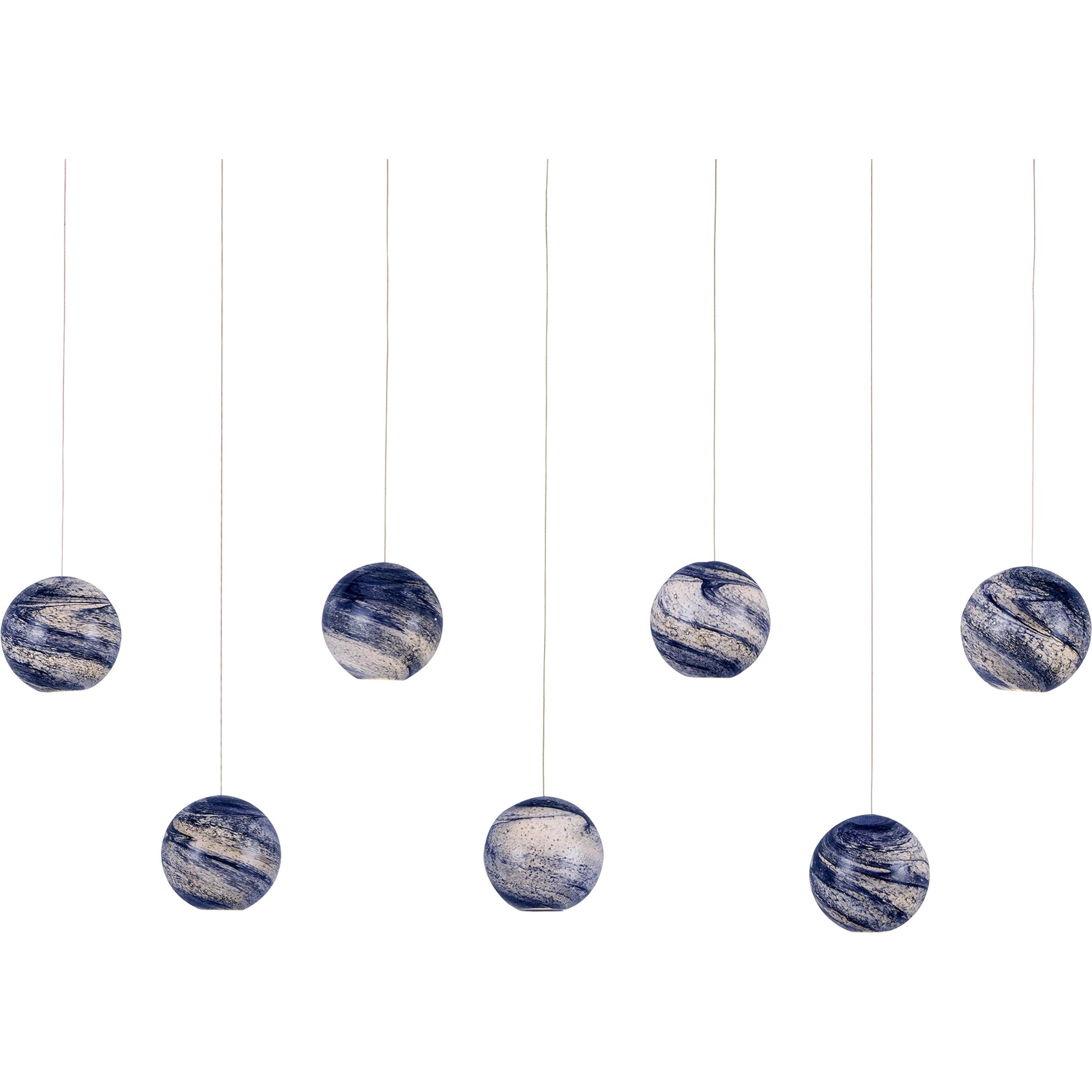 Palatino Rectangular 7-LIGHT Multi-Drop Pendant by Currey and Company in blue marbeled, silver. Made from earth with speckles, glass in a modern style.