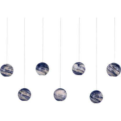 Palatino Rectangular 7-LIGHT Multi-Drop Pendant by Currey and Company in blue marbeled, silver. Made from earth with speckles, glass in a modern style.
