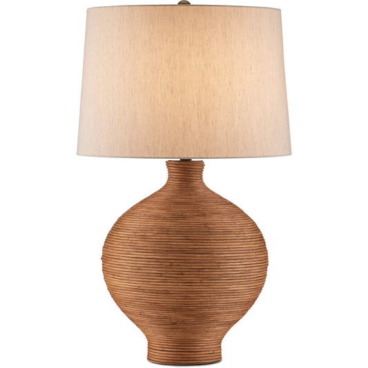 Susel Table Lamp by Currey and Company in natural, antique brass. Made from rattan, metal in a unique style.