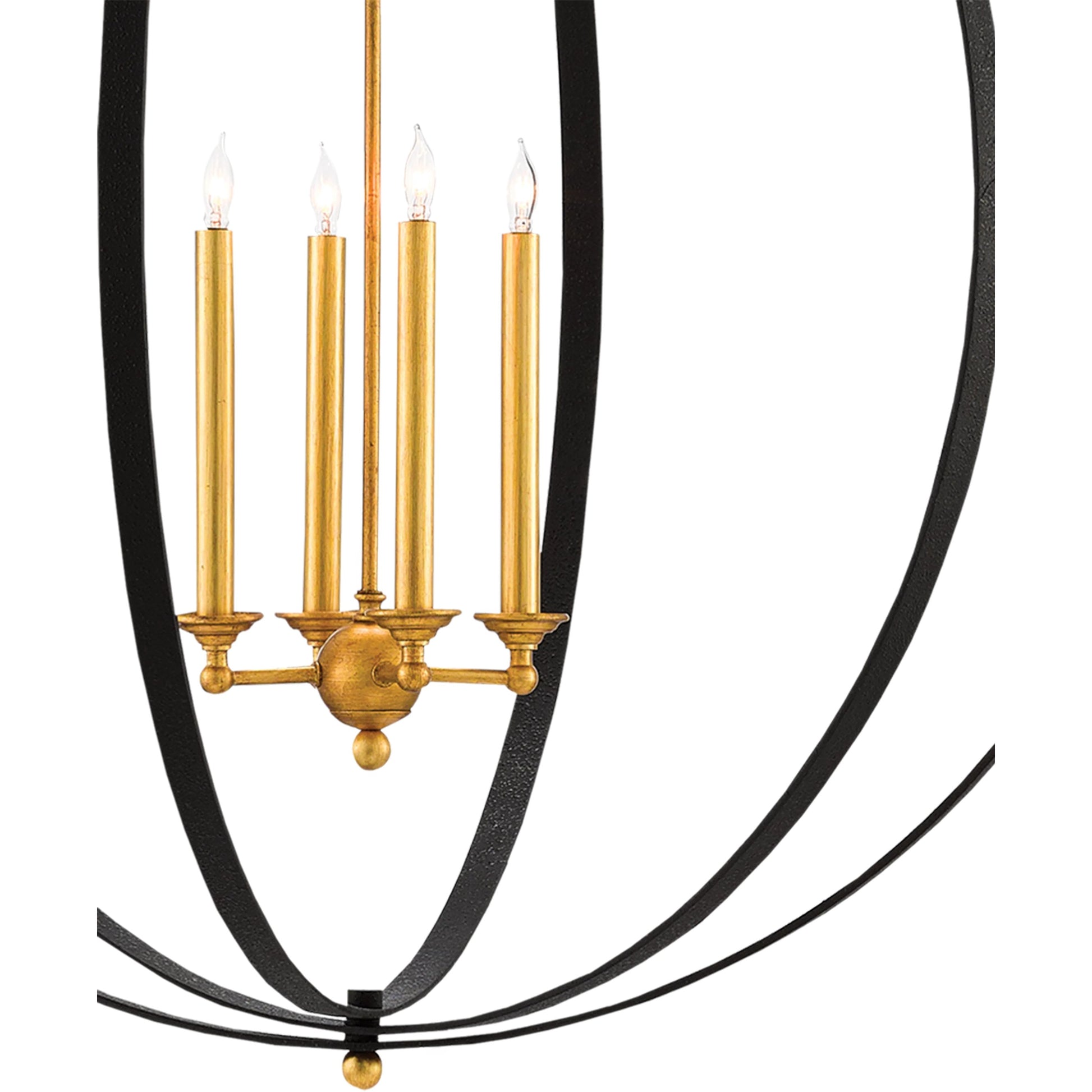 Ogden Orb Chandelier by Currey and Company in chinois antique gold leaf, black. Made from metal in a modern style.