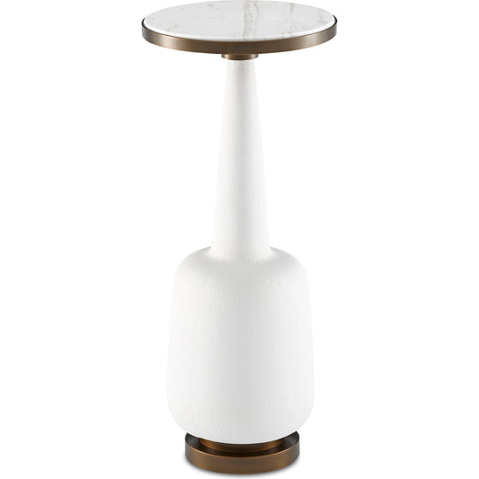 Greta Drinks Table by Currey and Company in white gesso, antique brass. Made from composite, metal, volakas marble in a transitional style.