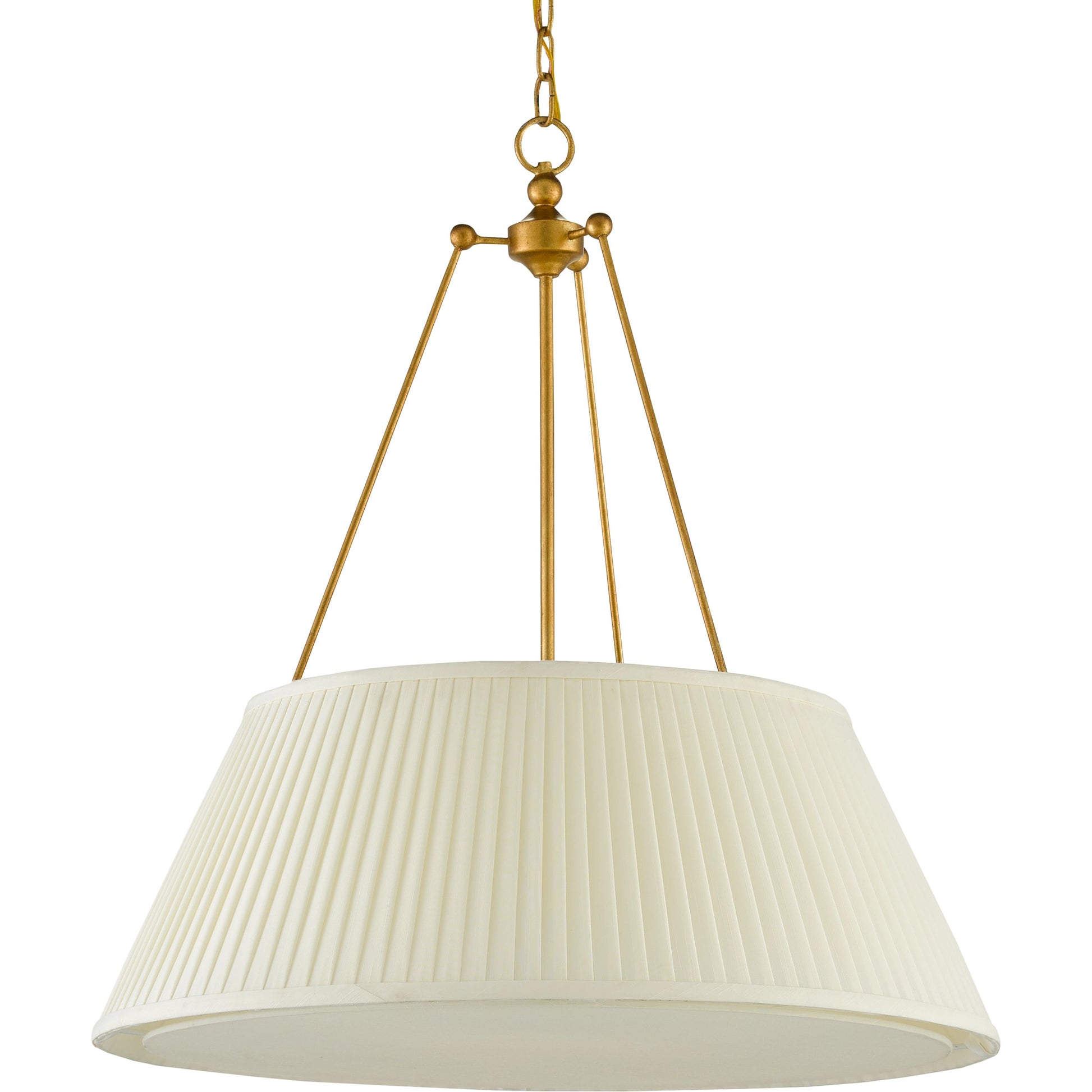 Lytham Pendant by Currey and Company in antique gold leaf, white. Made from wrought iron, fabric in a traditional style.