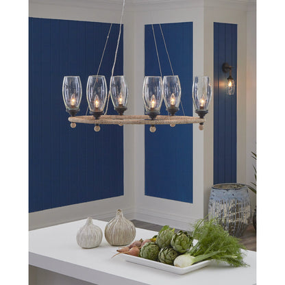 Hightider Glass Oval Chandelier by Currey and Company in natural, clear, french black. Made from wrought iron, abaca rope, recycled glass in a modern style.