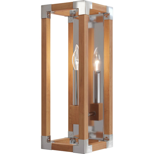 Boyd Wall Sconce by Currey and Company in natural, polished nickel. Made from teak wood, metal in a modern style.
