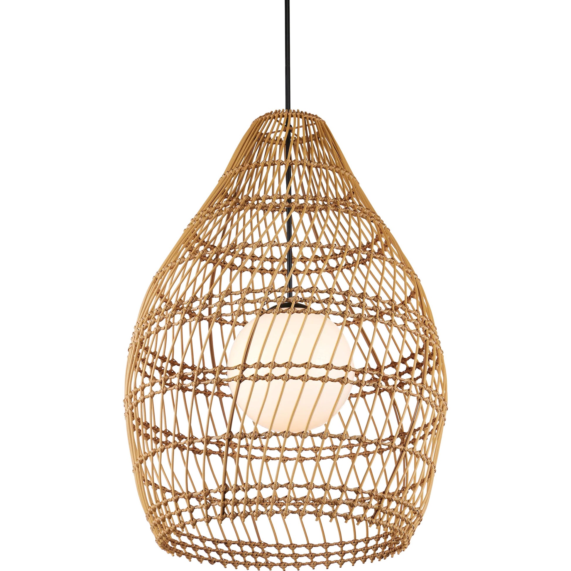 Fishtrap Outdoor Pendant by Currey and Company in natural, black, frosted white. Made from all-weather wicker, metal, glass in a unique style.