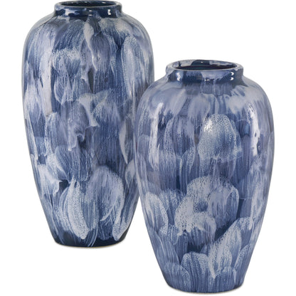 Pallas Vase Set by Currey and Company in blue, white. Made from ceramic in a modern style.
