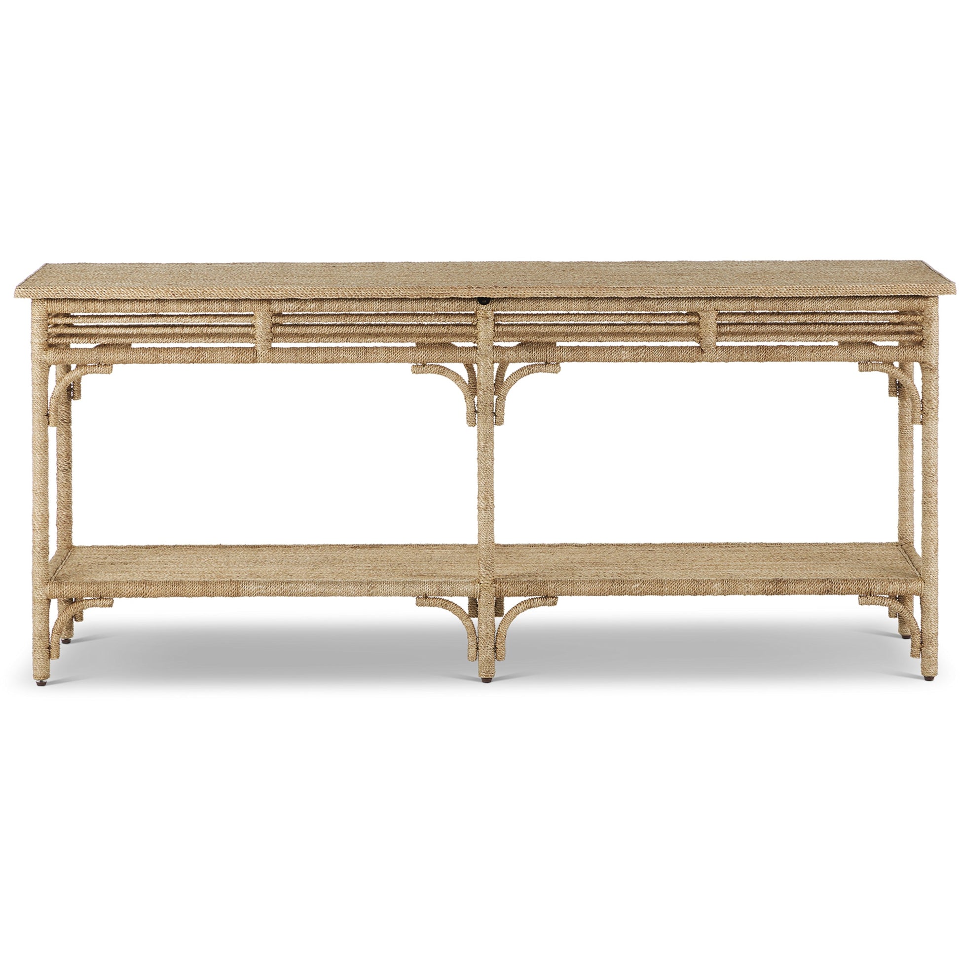 Olisa Rope Console Table by Currey and Company in natural, brown carafe. Made from abaca rope, wood, iron in a modern style.